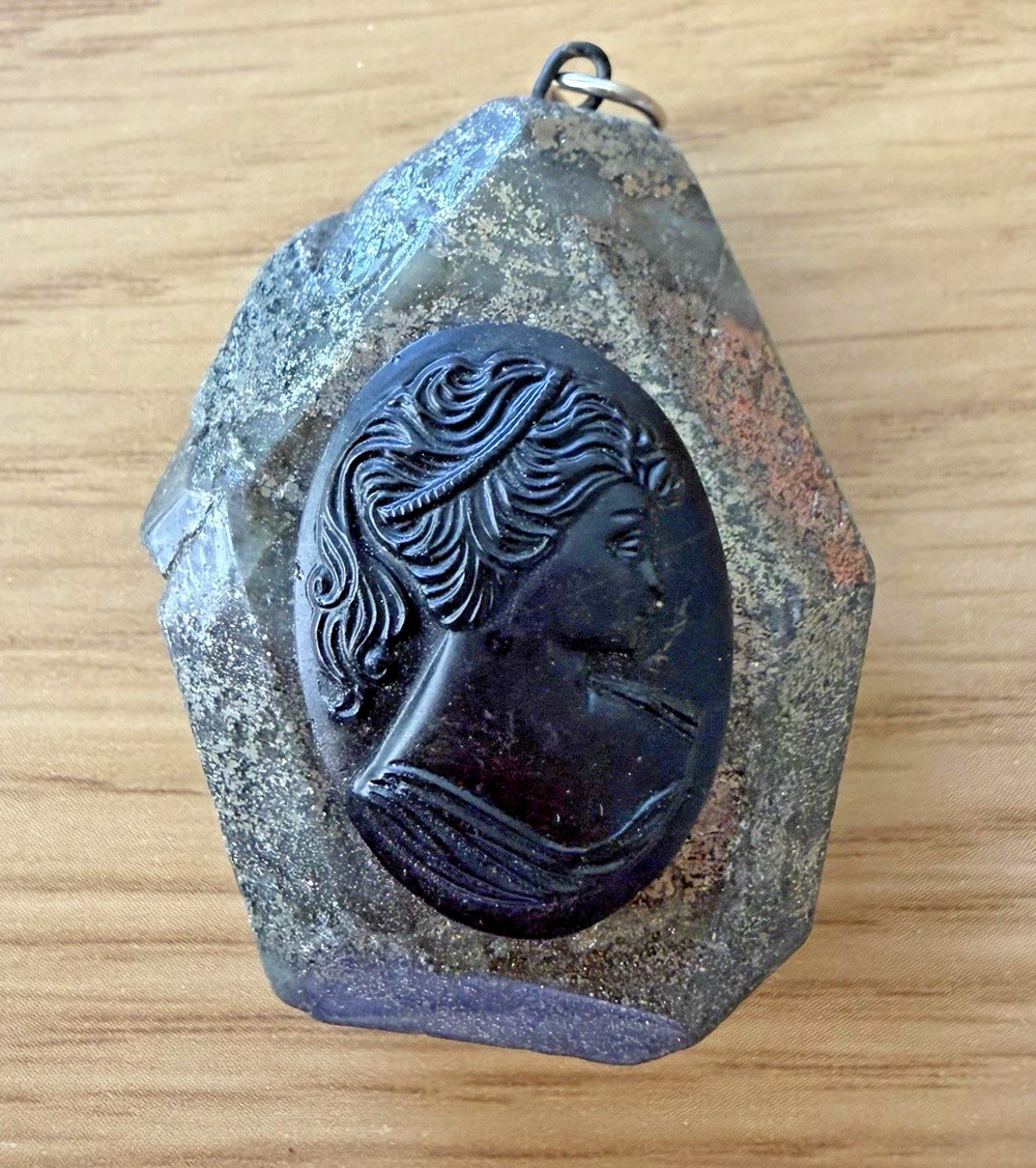 Vintage Stone Pendant Black Cameo Lady Carved Natural Rock Unique